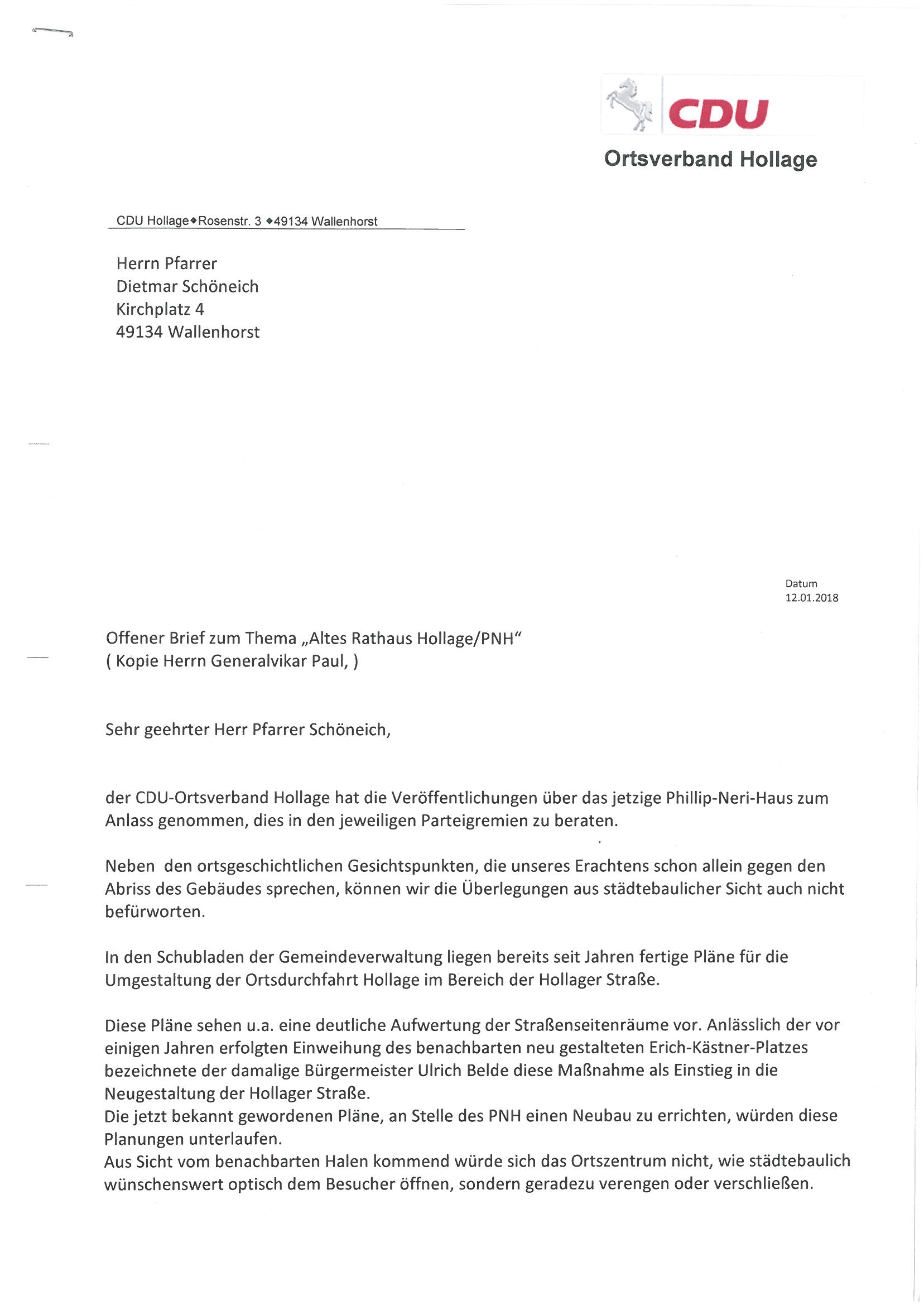 Offener Brief des CDU Ortsverbands Hollage | Initiative für den Erhalt